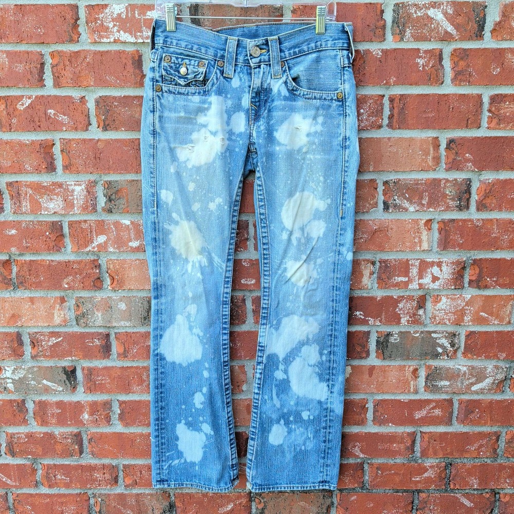 True Religion Jeans Mens 28 Light Blue Bleach Splash Straight Leg Made‎ in USA